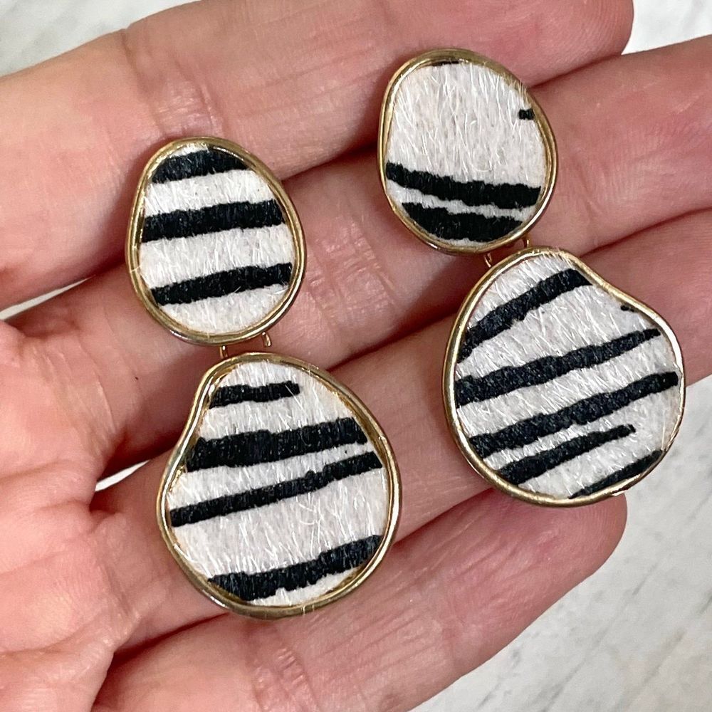 Zebra pattern black and white gold tone earrings